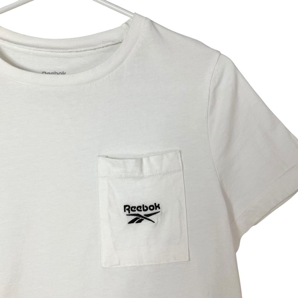 Reebok White Crop T-Shirt L Pullover Crew Neck Short Slv Embroidered Logo Pocket - Picture 2 of 6